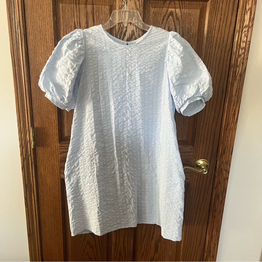 A New Day Sky Blue Shift Dress with Puff Sleeves